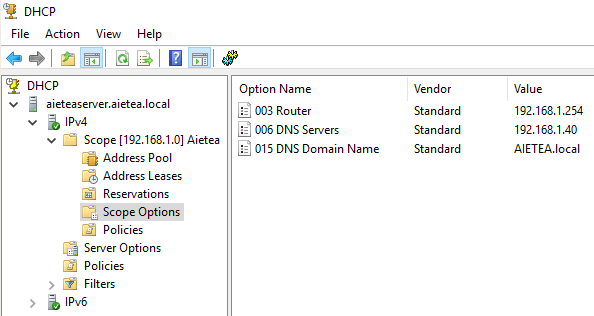 Console DHCP : Routeur, DNS, Domaine